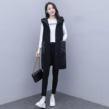 корейската мода плюс размера на жена жилетка деним дъждобран женски сако жилетка печат черно жилетка женски дълъг деним жилетка с качулка