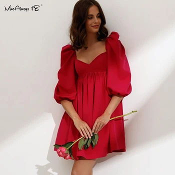 Mnealways18 Сладко Puff Sleeve, Red Dress Women Chic Half Sleeve Ladies Плиссированное рокля Blue Mini Party Носете Solid Elegant До 2021