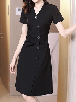 Офис дами OL Work Dress Женски Лятото однобортное Черно плиссированное коварен midi-рокля с V-образно деколте, Секси Елегантна рокля с дължина до коляното