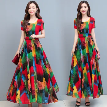 Лятото женствена рокля, нова имитация на ледената покривка коприна корейската версия с къси ръкави голям размер темпераментен пола с А-силует, талия-коляно
