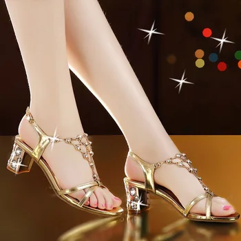 2021 Дамски обувки на висок ток Модни обувки-лодка Златен планински Кристал Дама Сандали, Летни дамски сватбени обувки с отворени пръсти Дамски обувки на висок ток