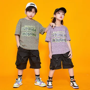 Kid Hip Hop Clothing Leopard-Print Oversize T Shirt Top Black Streetwear Summer Cargo Shorts for Girl Boy Dance Costume Clothes