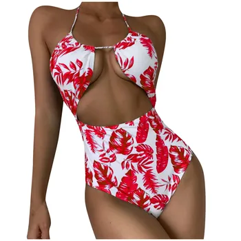 Fashion Women Summer Swimwear V-Neck Printing Bandage Siamese Swimsuit Bikini Beachwear бански костюми, дамски 2021