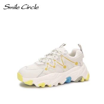 Smile Circle Дамски маратонки Обувки на равна платформа Пролетната мода чрез шнурове през Цялата чорап Дебела подметка набит маратонки Дамски обувки