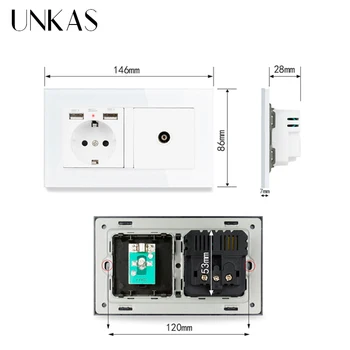 UNKAS EU Standard Wall Socket 2 USB Charge Port With Hidden Soft LED + Female TV Connector Темперирано Стъкло Рамка