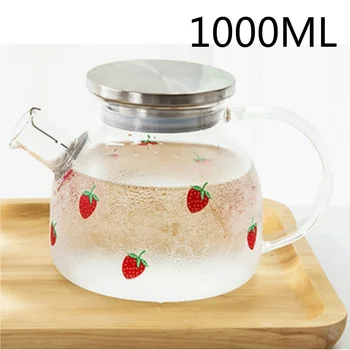1.8 Л 1Л Японски стил Красиви апликации ягоди чайници Стъклена кана за топли и студени напитки Домашен Офис Прибори Чаена Чаша Чайник, определени