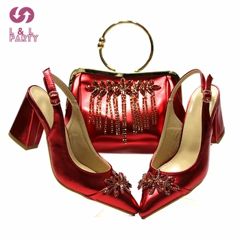 Nigeiran Women Shoes and Bag to Match in Red Color Highquality Sandal with Бляскъв Crystal for Party