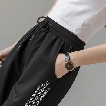 Лятна мода Нов буквално принт панталони с дължина до женски телета свободни всекидневни спортни панталони дантела еластичен колан, дамски панталони