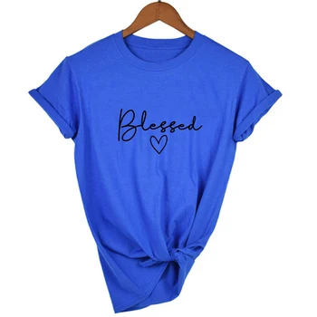Blessed Letter Printed T Shirt Women Summer Short Sleeve Christian Tshirt 90s Aesthetic Faith Върховете Jesus Tees Camisetas Mujer