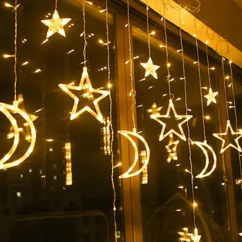 Коледна украса Слънчеви led Завеси Светлини със Звездите Луни Димиране 8 Режима на Осветление с Таймер Трептене на Струнен Светлина