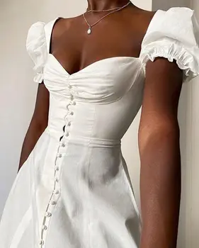 2021 Лято Puff Ръкав A Line Dress Женска Сексуална Плътен Цвят Квадратен Яка, с Ниско Деколте Однобортный Бели Миди Рокля Vestidos