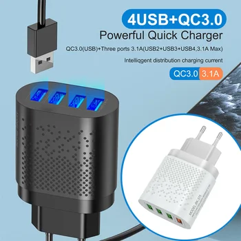 USB Зарядно Устройство за 3A Quik Charge 3.0 Зарядно Устройство за мобилен телефон iPhone 12 Portable 4 Port 48W Fast Wall Chargers for Samsung EU/US Plug