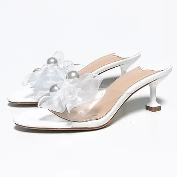 Удобни обувки за жени 2021 Летни Дамски Сандали и Джапанки Токчета Момичета Пролет Кадифе Висока Секси Мода Прозрачна Дъвка Глезена