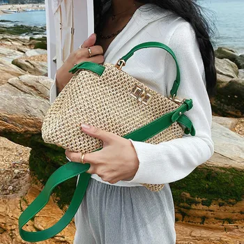 Модни сламена дамска чанта Дизайнерски Марки Ратанови Чанта През Рамо Ракита Лятна Голяма Плажна Чанта Bali Big Purse 2021