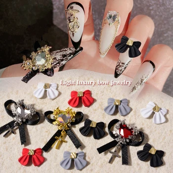 5 БР. 3D Glamour Bowknot Nail Art Jewelry Jewelry скъпоценни Камъни Японски Кръст Маникюр Дизайн е Нов Нокти Glamour Дантела Бял Черен