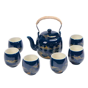 Висококачествен Немски Керамични Син чайник с Шест Чаши, Химикалки Чай Обикновен Китайски Гости Чайник за чай 7 бр.