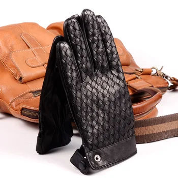 Мъжки Висококачествени Ръкавици От Естествена Кожа Топла Зима На Мода Са Ръчно Плетени Ръкавици На Бутона Зимата На Топло Шофиране На Къси Ръкавици