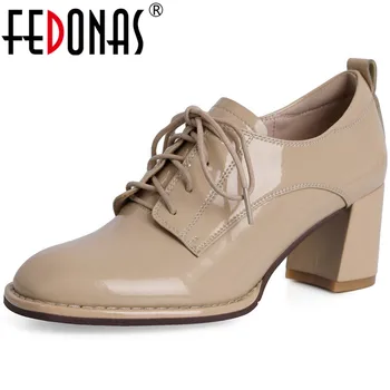 FEDONAS Vintage Shoes For Women Cross Tied Round Toe Обувки лодка на висок ток, Дамски естествена кожа Пролетна Работна офис обувки Woman