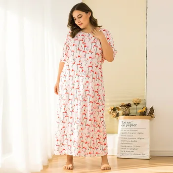 Ново лято плюс размера на домашно облекло дълга рокля за жените най-голям свободен къс ръкав розов цветен принт пижама обличам 4XL 5XL 6XL 7XL