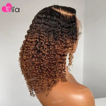 Elia Ombre Colored 13x4 Дантела Frontal Перука 4x4 Дантела Closure Перука Human Hair Перука For Women Извратени Къдрава Short Боб Къдрава Перука Реми Hair