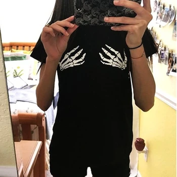 Harajuku Пънк Памук Черепа на Скелет Ръка на Жената тениска Костюм за летен вид самоличността на мода Момиче Хелоуин тениска tee - K375