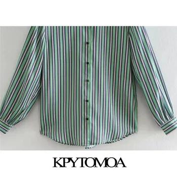 KPYTOMOA Жени 2021 Мода Цвят Шарени Свободни Блузи Реколта С Дълъг Ръкав копчета Дамски Ризи Blusas Шик Върховете