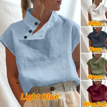 Стилна Туника Върховете Плюс Размера на Жените С Къс Ръкав Летни Блузи Копчета Твърди памук, Ленени Блузи Ежедневните Свободни Blusas Femme