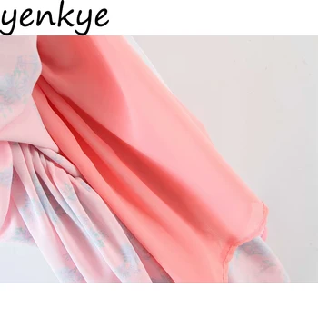 YENKYE Летни дамски Флорални Каре Розови Празнични рокли Елегантни дамски секси V-образно Деколте С Къс Ръкав A-line Slim Long Dress