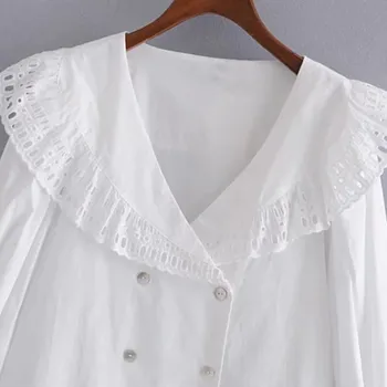 Пролет Za Top 2021 Бяла Бродирана V-образно Деколте Crop Top Жените Чист Kawai Двубортная риза с копчета от Дамски Ежедневни Дамски блуза