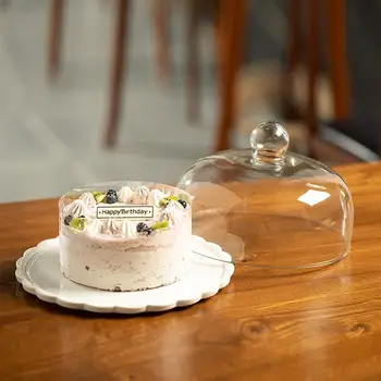 1 Компл. Торта Със Стъклен Капак На Кутията За Храна Десерт Торта Чиния Пылезащитная Капак (Бял)