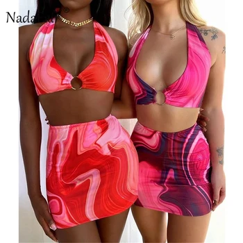 Nadafair Mini Sexy Women Dress Sets Multi Club Outfits Равенство Halter Neck 2021 2Piece Bodycon Beach Cut Out без гръб Summer Dress