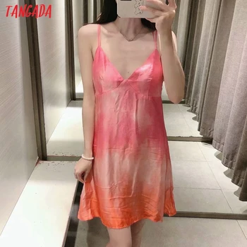 Tangada Women Розовата Вратовръзка Dyed Print Dress Sleeveless без гръб 2021 Summer Fashion Lady Dresses Vestido 3H471