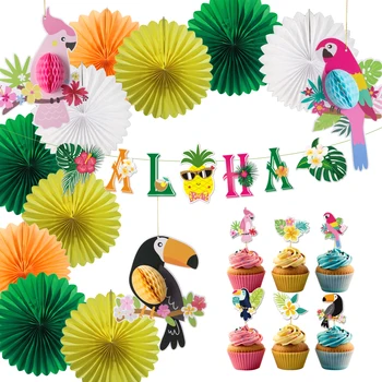 Лятото На Хаваите Партия Тропическа Птица Декорации Комплект Aloha Банер Мобилен Торта Topper Хартия Виси Декор Джунглата Рожден Ден Luau Набор От