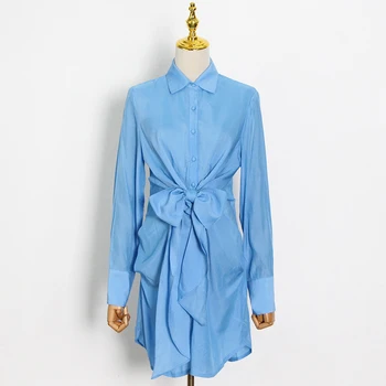 VGH Blue Lace Up Bowknot Dress For Women на Ревера с Дълъг Ръкав Висока талия Ruched Slim Mini Dresses Дамски Новата Пролетна Мода