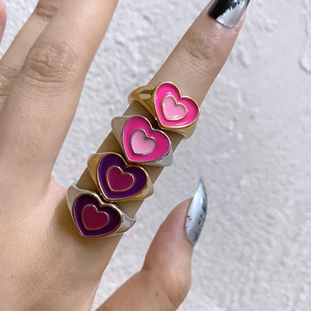 New Ins Creative Simple Colorful Double Layer Love Heart Ring Vintage Капка Нефт Сърце Rings For Women Girls Fashion Jewelry