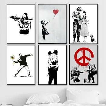 Banksy Графити Платно Артистични Щампи Целувка На Света Живопис Стенни Художествени Плакати На Поп Декоративна Картина На Стената Плакати И Щампи