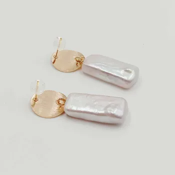 Keshi pearl earring, nature freshwater pearl earring ,AAA big rectangle baroque pearl 12x25 мм,сребърна кука проба 925