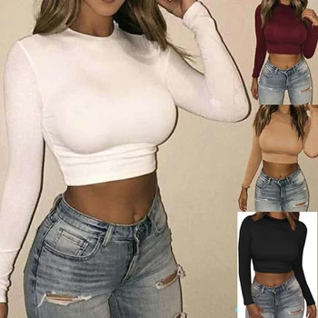 Жените са най-Секси Bodycon Тениска Autunmn Жени С Дълъг Ръкав О-образно деколте Crop Top Modis Обвивка Тениска Мода Есен Твърди Върхове
