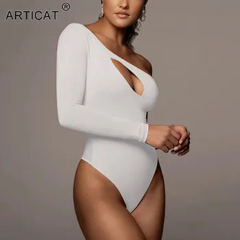 Articat One Shoulder Hollow Out Bodysuit Women Solid Секси Long Sleeve Women Гащеризон Пролет Слаб 2021 Нова Ежедневни Облекла