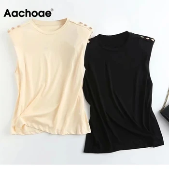 Aachoae Женски обикновена Луксозни тениски Без ръкави, С наплечниками Ежедневни летни блузи с кръгло Деколте Дамски памучен тениска