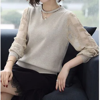 Корейската Мода Твърди V-образно деколте Выдалбливают Вязаный Пуловер Жени 2021 Декоративни Обикновен Цвят на Тънки Блузи Летни Ръкави Пуловер Пуловер