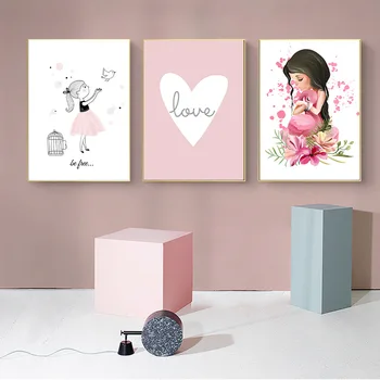 Розова Принцеса Kawai Момиче Цветя По Поръчка Името на Платното Картините на Плакат Печат на Стенно Изкуство Картина за Детска Стая на Домашен интериор