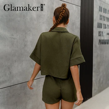 Glamaker Секси green 3 piece костюми Women bow crop top and shorts with coats Autumn casual holiday beach ladies sets 2021 new
