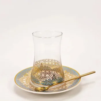Турски Цвете Чай Стъклен Набор от Кафе Чаши и Блюдец