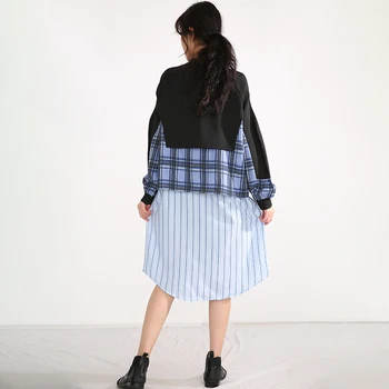 [ИАЛ] Women Plaid Pattern Midi Black Big Size Dress New Stand Collar Long Sleeve Loose Fit Мода Пролет Есен 2021 1DD363501