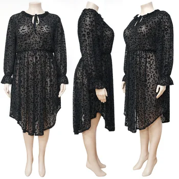 2021 New Black Flocking Party Dress Plus Size Women Charming Long Sleeves Party Dresses Real Picture L--4XL Чисто Секси Облекло