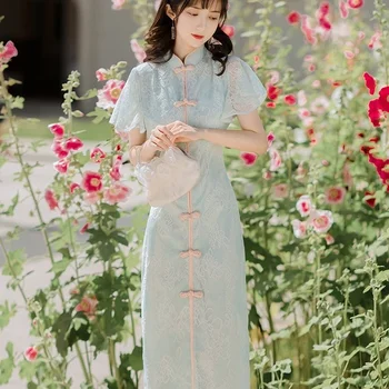 Рокля Dress Modern 2021 Chinese Leaf-Short side-sleeved Retro Qipao Dress Рокля Oriental Party Dresses Summer for Women