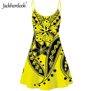 Jackherelook Yellow Polynesian Hibiscus Tattoo Brand Designer Casual Spaghetti Strap Dress for Girls Knee Length Party Dresses