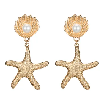Jouval Boho Ocean Gold Big Starfish Shell Drop Виси Обеци За Жени Дама Мода Перлени Обеци Плаж Бижута Дамски Brincos