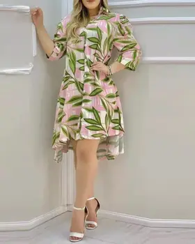 OIMG Elegant Dress Women Floral Print Button Design Shirt Dresses Casual Sweetwear Shopping Half Sleeve Robe Dropshipping 10228